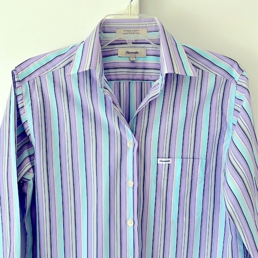 Faconnable blouse in beautiful turquoise/lilac/gray/navy blue stripes. Classy.